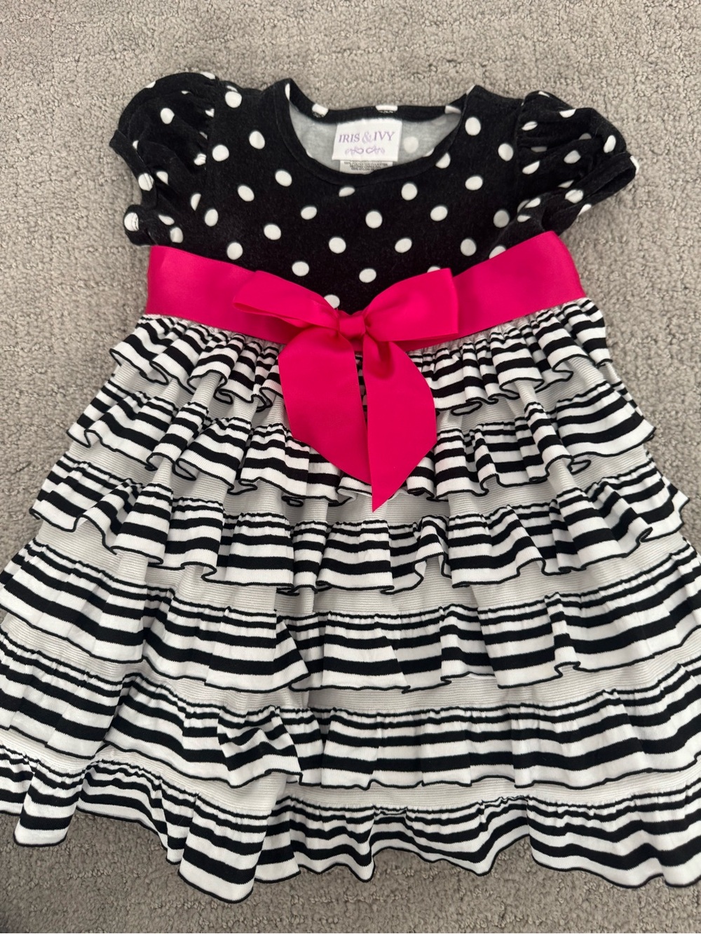 12mo Iris & Ivy Black & White Polka Dot Tiered Dress with Hot Pink Bow - Kids